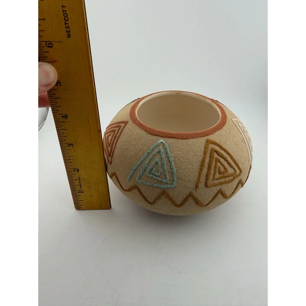 Round Ceramic Pot Decorative Bowl‎ Southwestern Tribal Geometric Design Tan